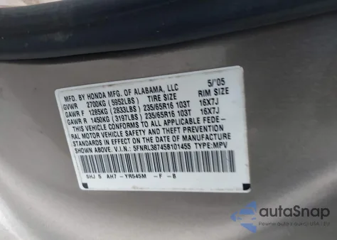 2005 Honda Odyssey Exl from USA, damaged, VIN 5FNRL38745B101455
